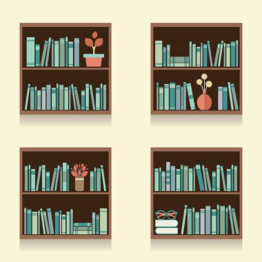 Duvar vektör çizim üzerinde ahşap kitap rafı kümesi