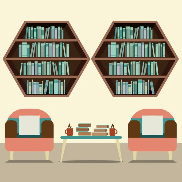 Zwei Sofas mit sechseckigen Bücherregalen Vektor-Illustration — Stockvektor