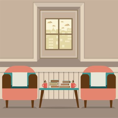 Sıcak kahve fincanı ve kitap masada iki kanepe Illustra vektör