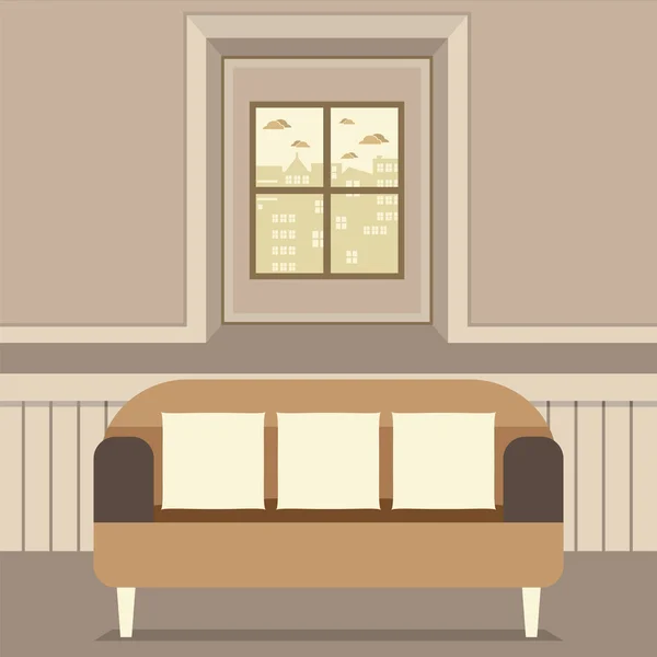 Empty Brown Couch In Front Of Window Vector Illustration — Stock Vector