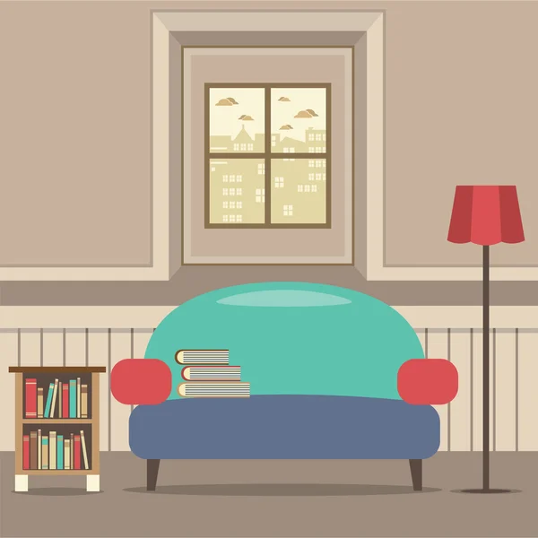 Sofá vacío con librería en frente de la ventana Vector Ilustración — Vector de stock