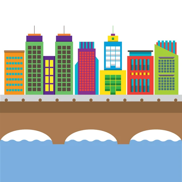 Bridge Cross River And Buildings On Land Vector Illustration — Stock Vector