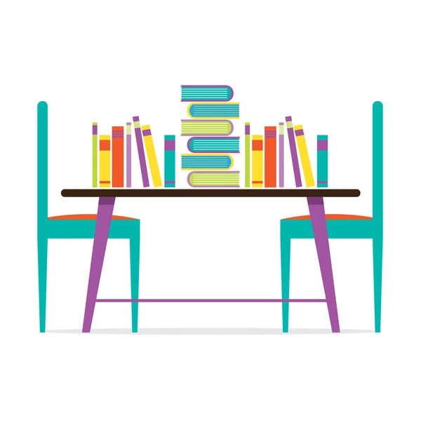 Cadeiras coloridas e livros sobre ilustração vetorial de mesa —  Vetores de Stock