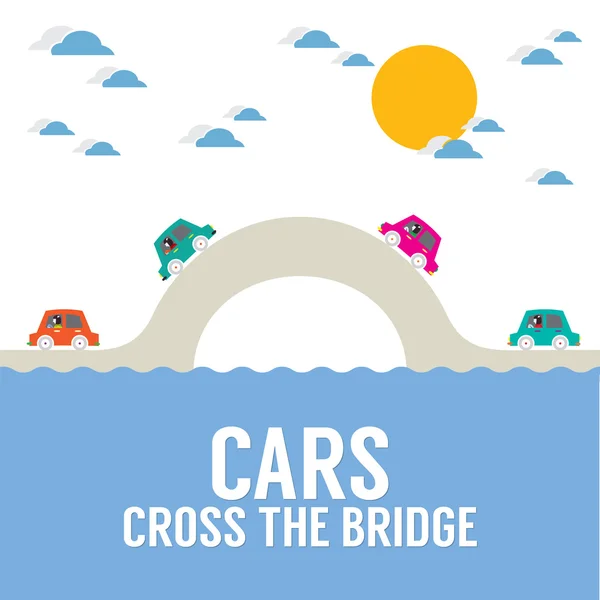 Cars Cross The Bridge Over The River Vector Illustration — Stock Vector