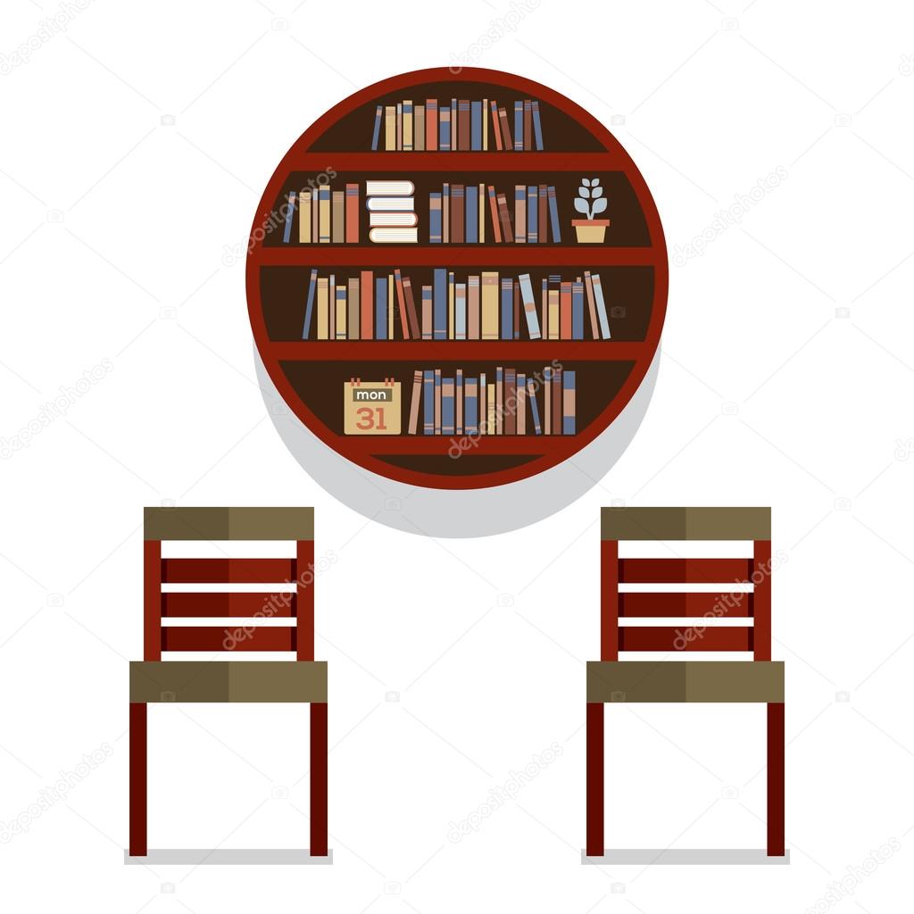 Chairs With Round Bookshelf On Wall Vector Illustration