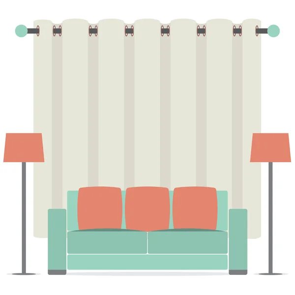 Empty Sofa In Front Of Brown Curtain Vector Illustration — Stock Vector