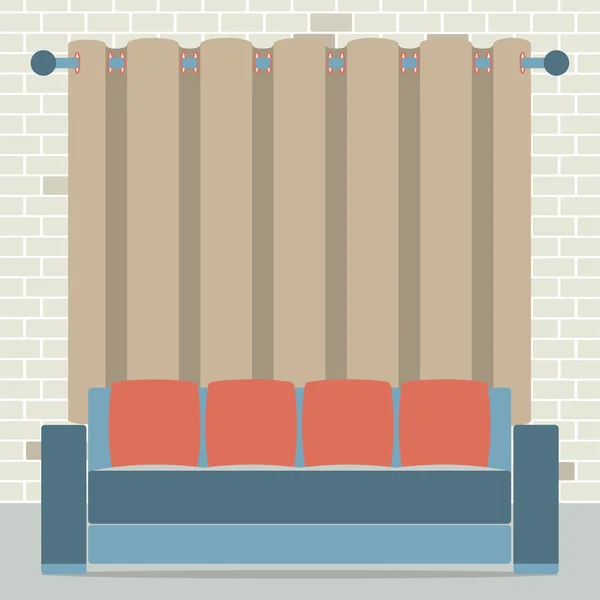 Empty Sofa In Front Of Brown Curtain And Brick Background — Stock Vector