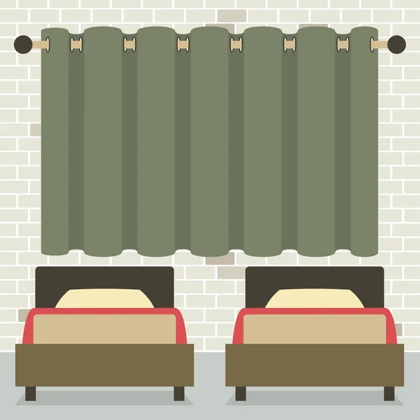 Twin Beds In Front Of Curtain And Brick Wall — Stock Vector