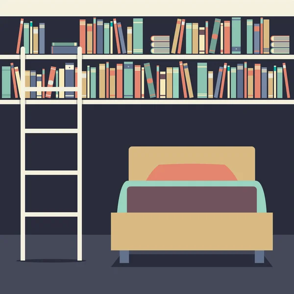 フラットなデザイン本棚ベクトル在住のはしごとシングル ベッド 1 台 — ストックベクタ