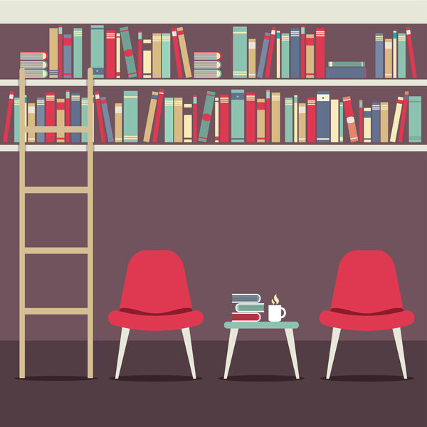 Empty Chairs Under Bookshelves Vector Illustration