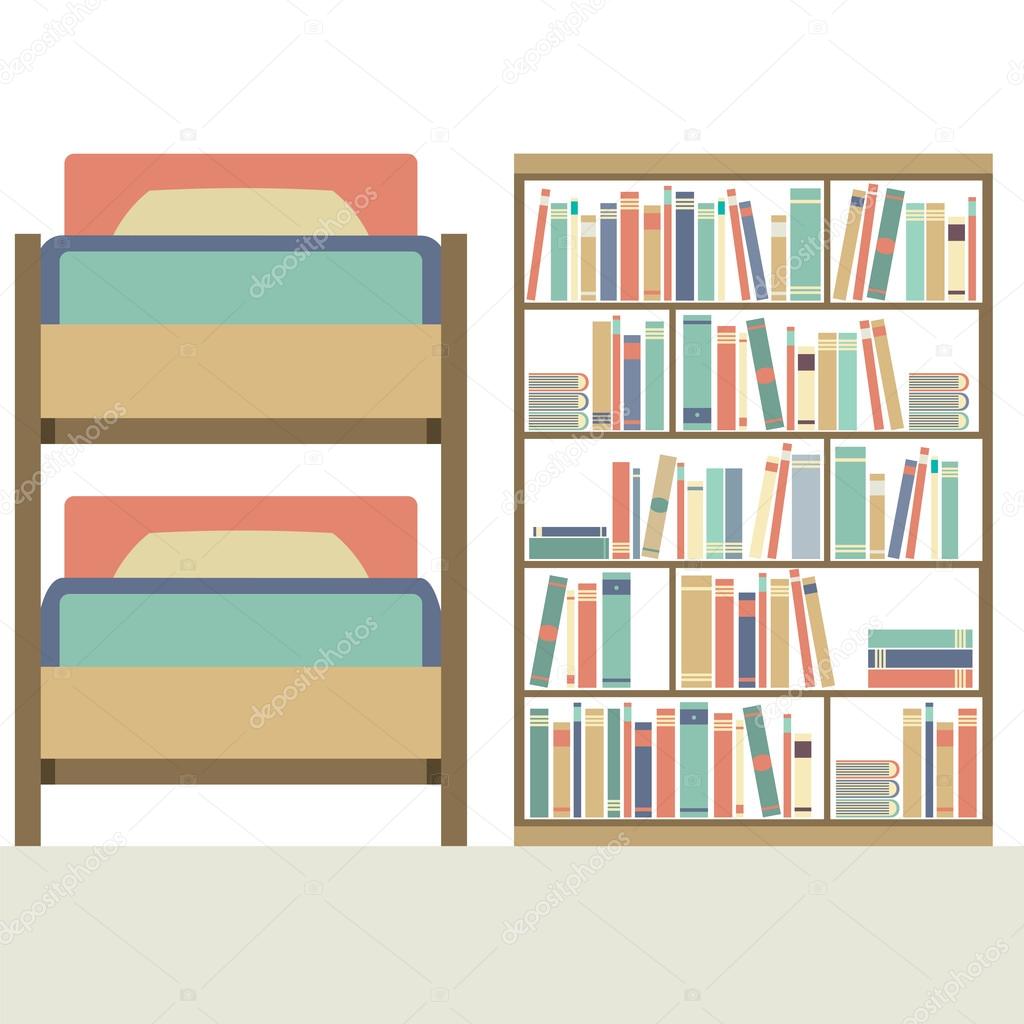 Flat Design  Bunk Bed With Big Bookcase Vector Illustration