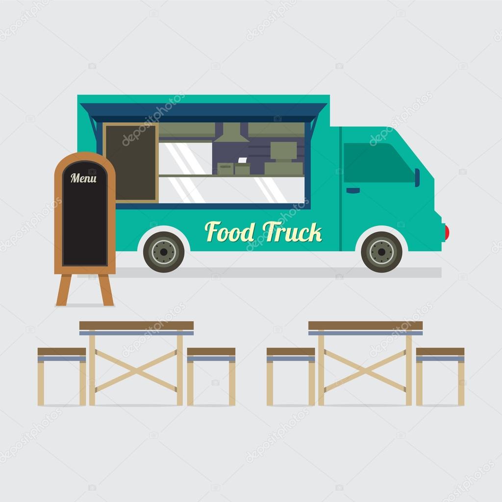 Food Truck With Table Set Vector Illustration.