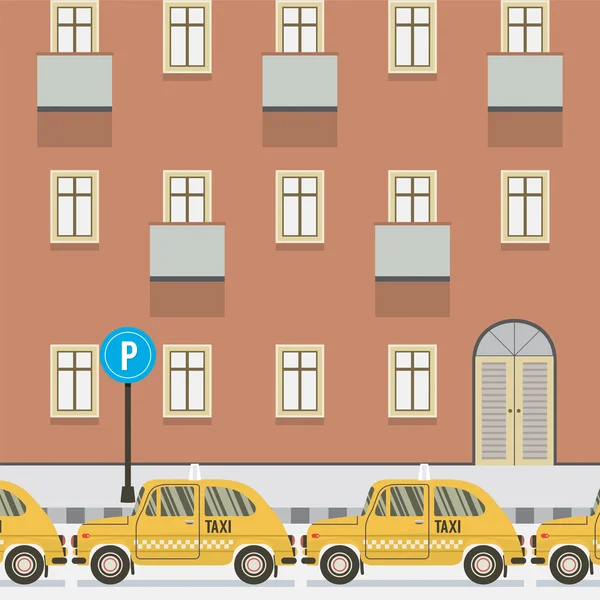 Yellow Taxi geparkeerd naast voetgangers vectorillustratie — Stockvector