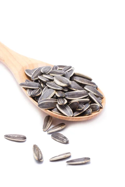 Sunflower seeds with wooden spoon isolated on white background. — Stock Photo, Image