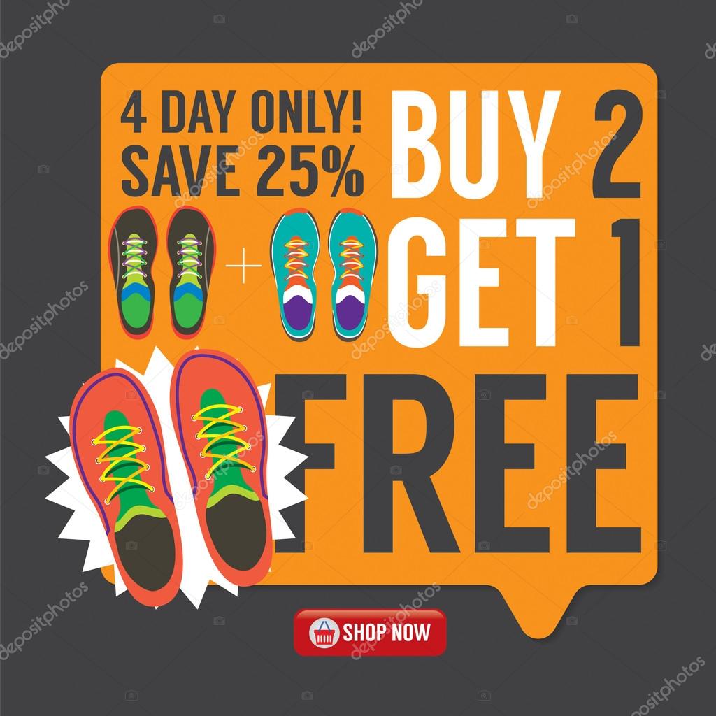 Comprar 2 Get 1 tênis grátis promoção campanha ilustração vetorial Comprar 2 Get 1 tênis grátis grátis tênis promoção campanha ilustração vetorial 20fec9