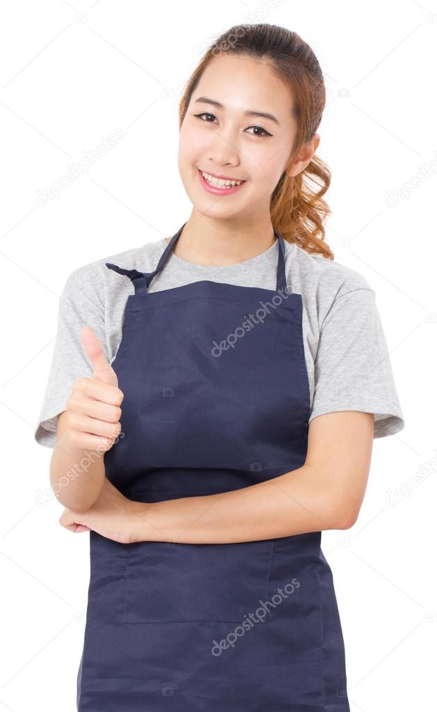 Asian Woman Wearing Apron And Showing Thumbs Up Isolated On White.