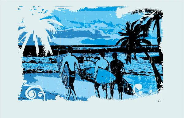 Surfers met surfplanken wandelen — Stockvector