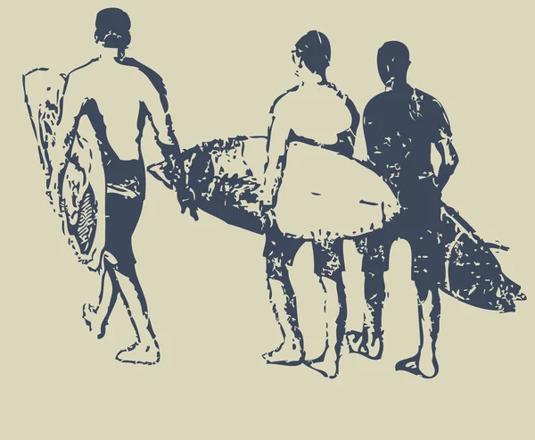 Surfistas com pranchas de surf andando — Vetor de Stock