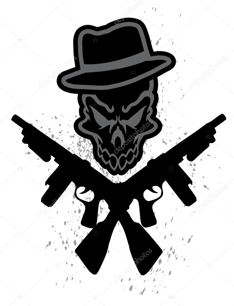 Gangster, submachine gun and banner