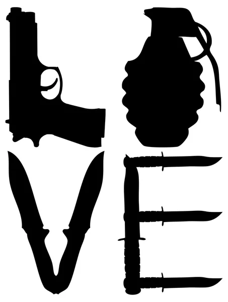 Poster silah ve el bombası ile kelime aşk ile