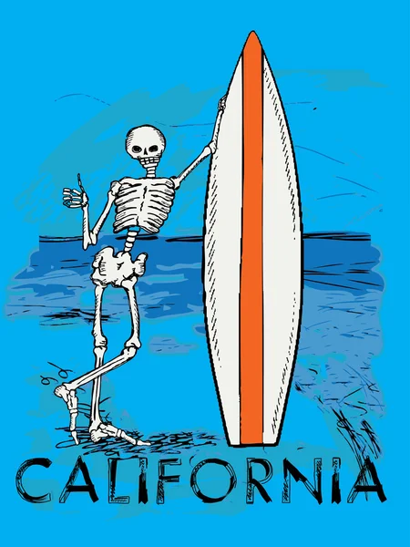 Skeleton guy leaning on surfboard — Stock Vector