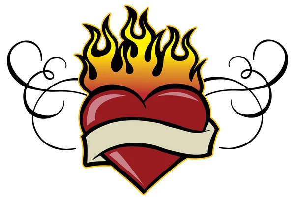 Old school heart with fire — Stock Vector