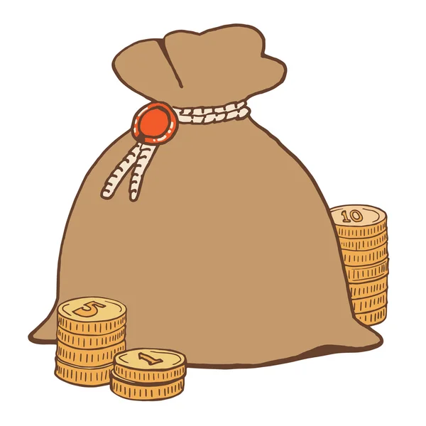 Moneybag en munten — Stockvector