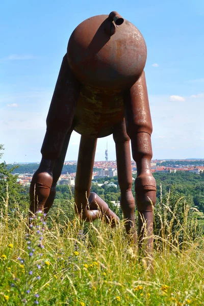 Metal statue of camel in the Prague Botanical Garden with the view of the Prague cityscape in the distance and the transmission TV tower Zizkovska vez (Tower of Zizkov) between its legs.