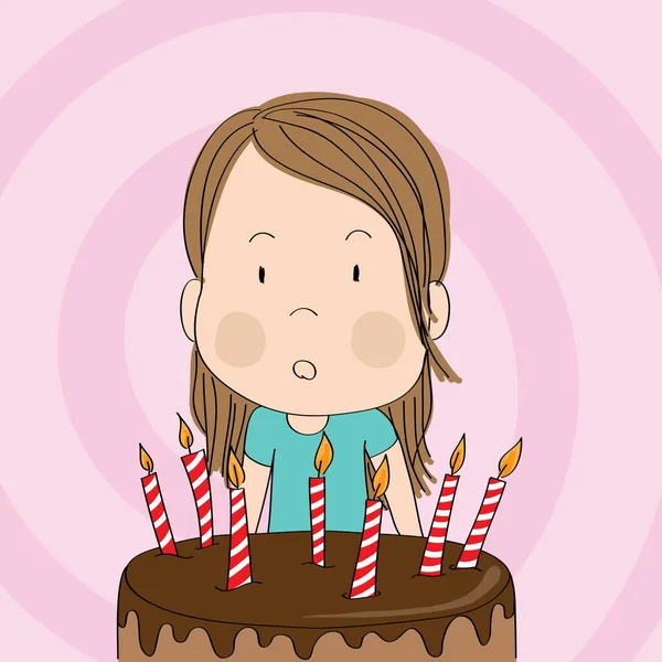 可爱的小女孩惊讶极了 困惑的脸色 庆祝生日 生日的时候 她的手上拿着7支蜡烛 画了一幅卡通画 — 图库矢量图片