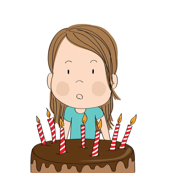 Menina Bonito Surpreendido Expressão Facial Perplexo Comemorando Aniversário Bolo Chocolate — Vetor de Stock