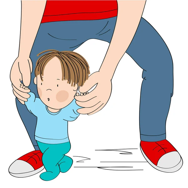 Pequeño Niño Aprendiendo Caminar Padre Joven Ayudando Hijo Sosteniendo Niño — Vector de stock