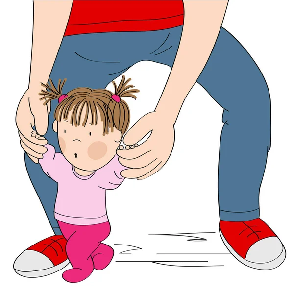 小女孩在学习走路 年轻的父亲帮助他的女儿 抱着蹒跚学步的孩子 迈出第一步 手绘卡通画 — 图库矢量图片