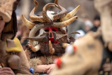 Breznik, Bulgaristan - 13 Ocak 2026: 21. Maskeli Balo Festivali Bulgaristan 'ın Breznik kentinde gerçekleşti. Maskeli insanlar Kukeri dansı derler ve kötü ruhları korkutmak için bir ayin yaparlar..