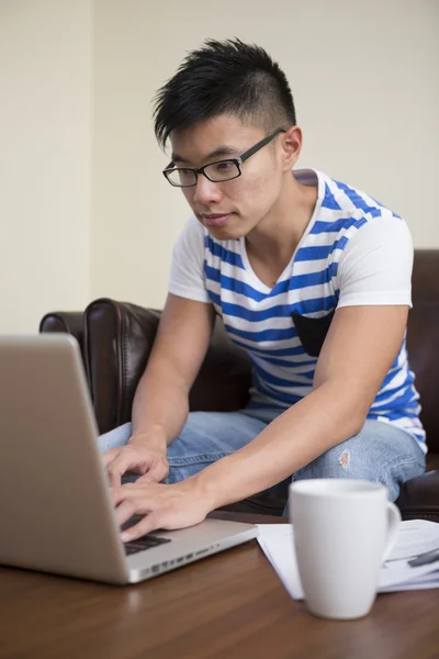 Chinese man at home using laptop