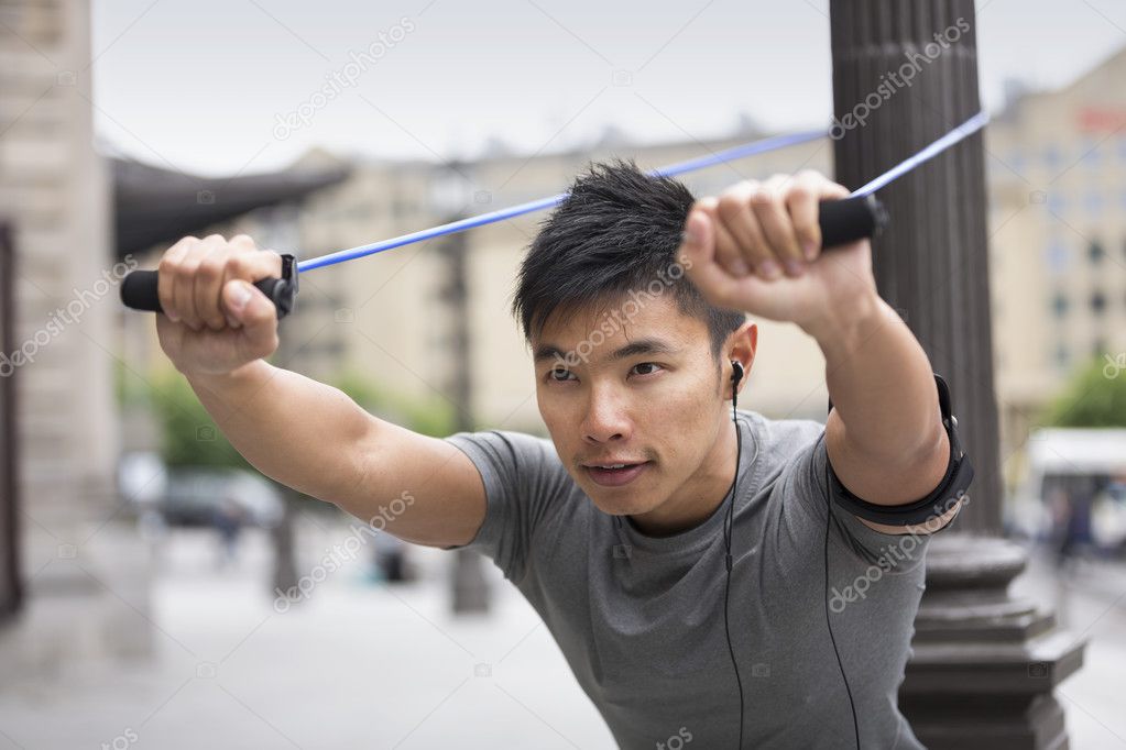 Chinese Men Haircut Chinese Man Using Stretch Band Stock Photo