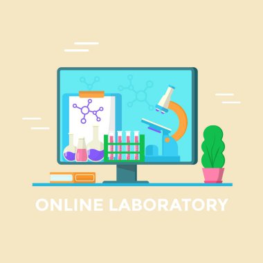 Çevrimiçi laboratuvar konsepti. Tıbbi test ve mikroskop bilgisayar ekranında. İniş sayfası için vektör pankartı