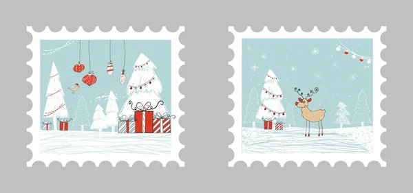 Weihnachtsgeschenkkarten Mit Geschenken Weihnachtsbaum Und Schnee Einfach Editierbare Vorlage Nette — Stockvektor