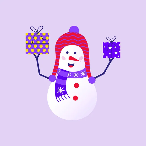 Joyeux Noël Carte Vœux Mignon Avec Bonhomme Neige Avec Chapeau — Image vectorielle