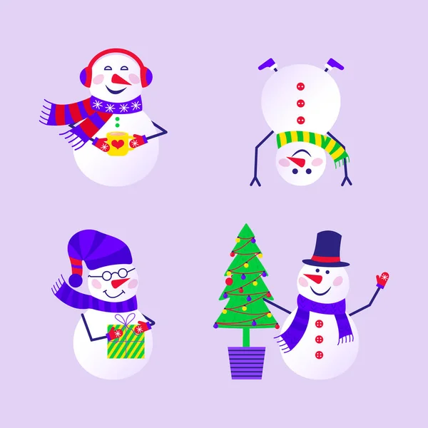 Joyeux Noël Carte Voeux Mignon Avec Bonhomme Neige Flocons Neige — Image vectorielle