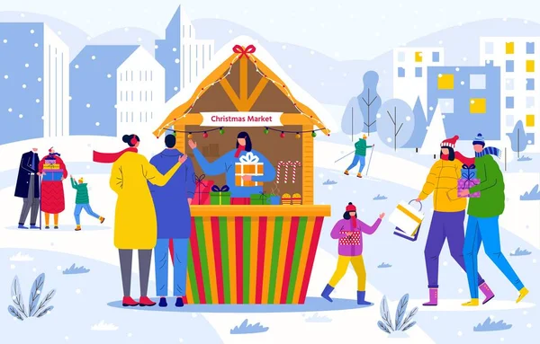 圣诞市场上 人们在木制摊位之间穿梭 购买小吃 装饰品 圣诞招贴画与传统的冬季集市 明信片 传单设计的矢量模板 — 图库矢量图片