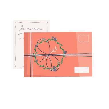 Beyaz arka planda izole edilmiş pulları olan zarf. Teslimat mektubu, yazışma, posta servisi için simge. El yapımı hediye ya da el işi kağıt mektup, kurdele, dallar. Düz vektör