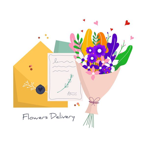 Concept for fast flower delivery with craft paper envelope to the recipient. Online delivery service for landing page. Vector illustration for web with bouquet, parcel, pack