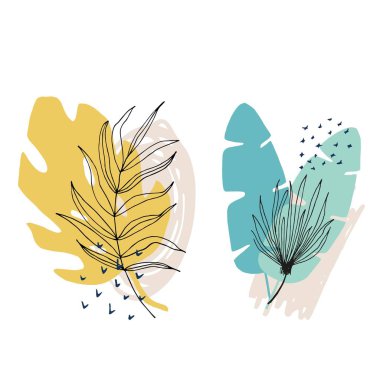 Çiçeksel ve soyut şekil kolajı, çıkartma, tasarım elementi, bitki, yapraklar, el çizimi moda karalama tarzı. Kağıt, kapak, kumaş ve iç dekorasyon için vektör çizimleri. elementler izole