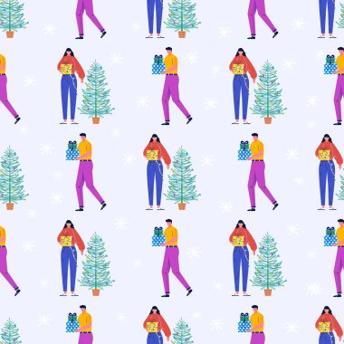 Noellerde kusursuz desenler genç güzel insanlar ve hediyeler, Noel ağacı. Köknar ağacı ve kar tanelerinin altında hediyeler