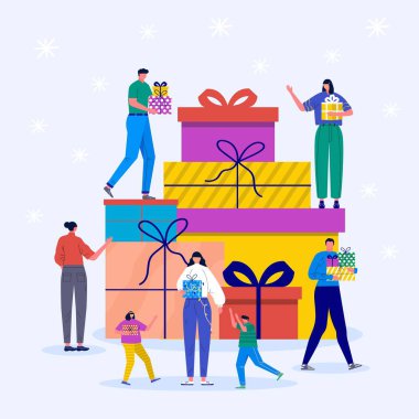 Karakterlerin ve Noel hediyelerinin olduğu tatil konsepti. Genç erkek ve kız, çocuklar ve aile üyeleri Noel kutuları süsler. Köknar ağacı ve kar tanelerinin altındaki hediyeler, vektör koleksiyonu