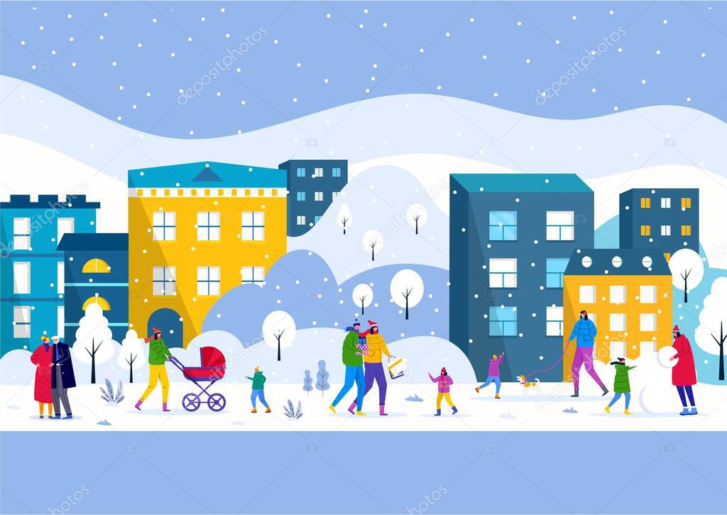Winter town park, parents walk with children and have fun outdoor. People make snowman in the forest. Vector template for invitation card, flyer design, postcard, holiday background