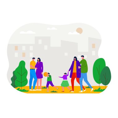 İnsanlar parkta yürüyor, rahatlıyor, iletişim kuruyor. Boş zaman ve açık hava aktivitesi, aile pikniği, yaz uykusu vektörü düz konsept illüstrasyon