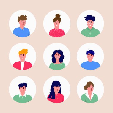 Bir sürü farklı kadın ve erkek karakter. Neşeli, mutlu insanlar düz vektör çizim seti. Yuvarlak çerçeve. Erkek ve kadın portreleri, grup, takım. Sevimli erkekler ve kızlar toplanır..