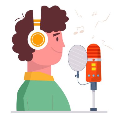 Ses kayıt stüdyosu. Kulaklıklı, kulaklıklı ve düz stil şarkı söyleyen bir adam. Çocuk yeni şarkı kaydediyor. Karaoke partisi. Düz vektör çizimi beyaz arkaplanda izole edildi