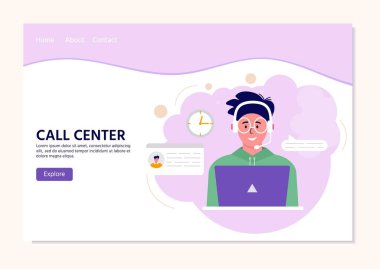 Ağ için çağrı merkezi operatörü iniş takımını arayın. Kulaklık takmış, gülümseyen ofis çalışanları. Müşteri yardımı, yardım hattı operatörü, danışman müdürü, müşteri desteği, telefon yardımı.